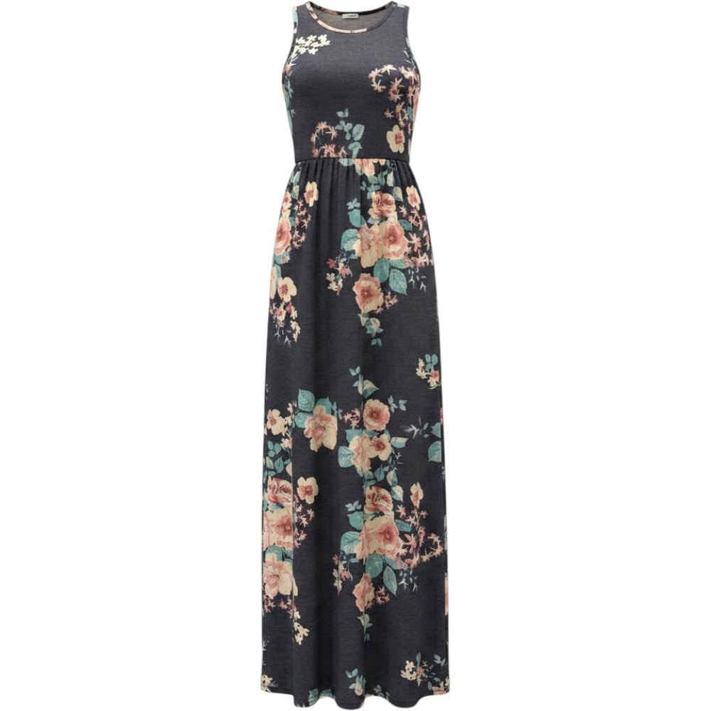Égs Women Floral Maxi Dress Medium Charcoal Grey Pink Rose Sleeveless Racerback